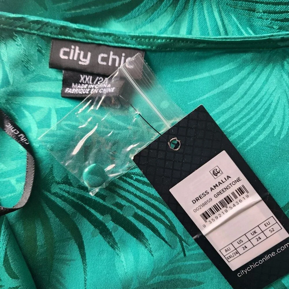 City Chic Polyester Amalia Dress XXL 24 Greenstone Palm Print V-Neck Long Sleeve - Picture 10 of 16